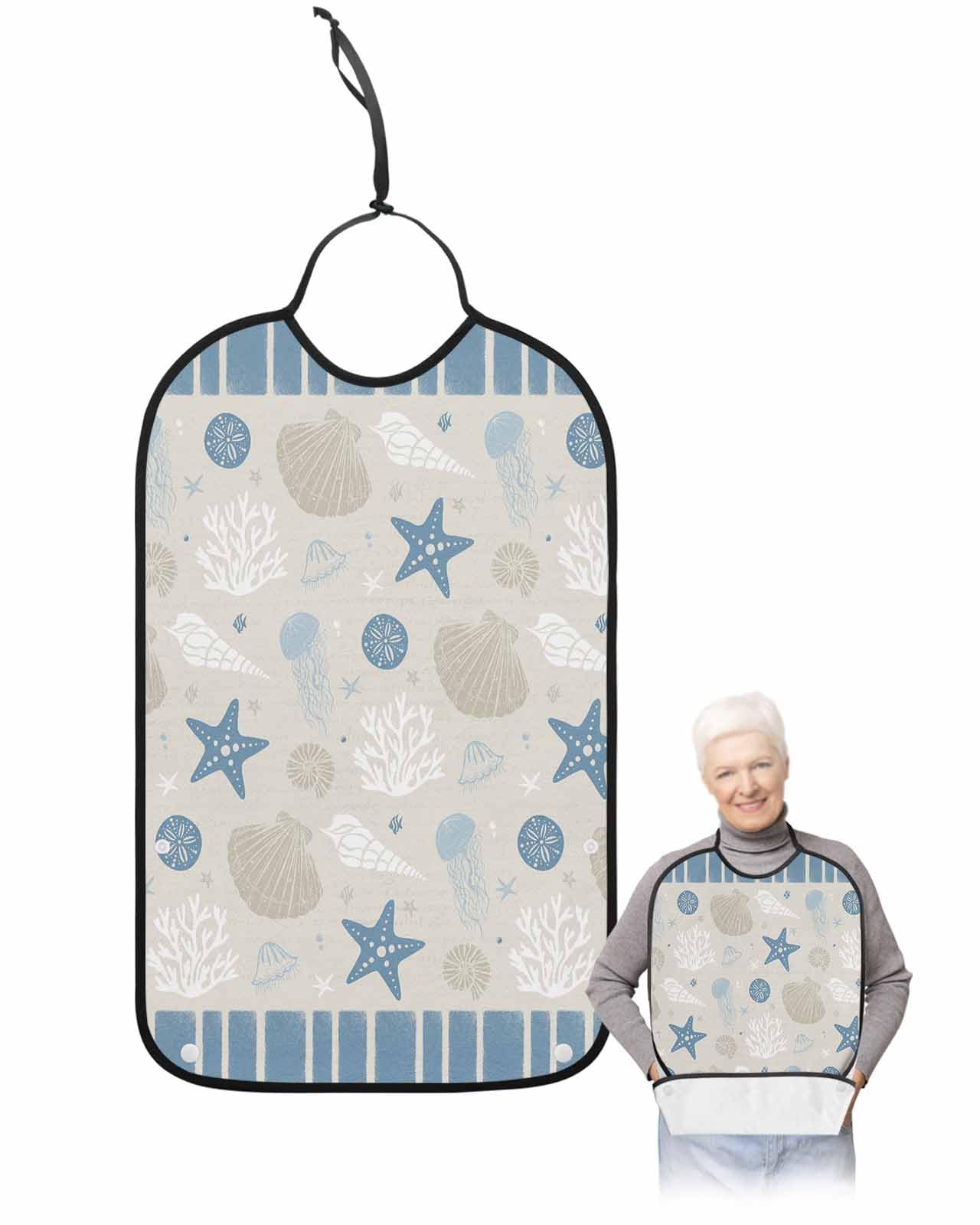 LEOKOTI Light Blue Coastal Adult Bibs for Eating, Waterproof Bibs with Food Catcher & Snap Closure, Vintage Ocean Nautical Starfish Coral Striped Washable Clothing Protectors Adult Bibs for Elderly