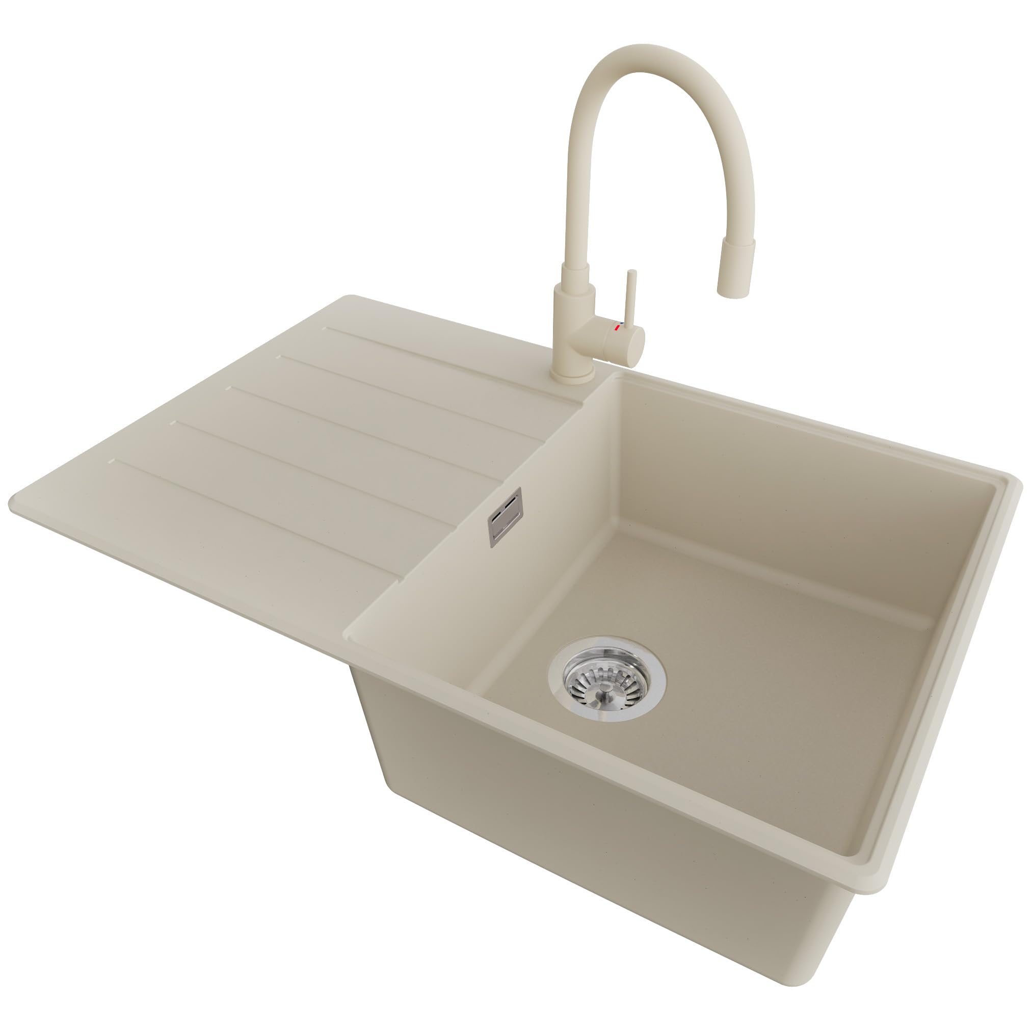 PRIMAGRAN Lavandino da Cucina Beige 78x50cm, Lavello in Granito a 1 vasca + Rubinetto 38x14cm + Set di accessori, Lavabo da Cucina Incasso al Mobile 50cm - Copenhagen Top S503