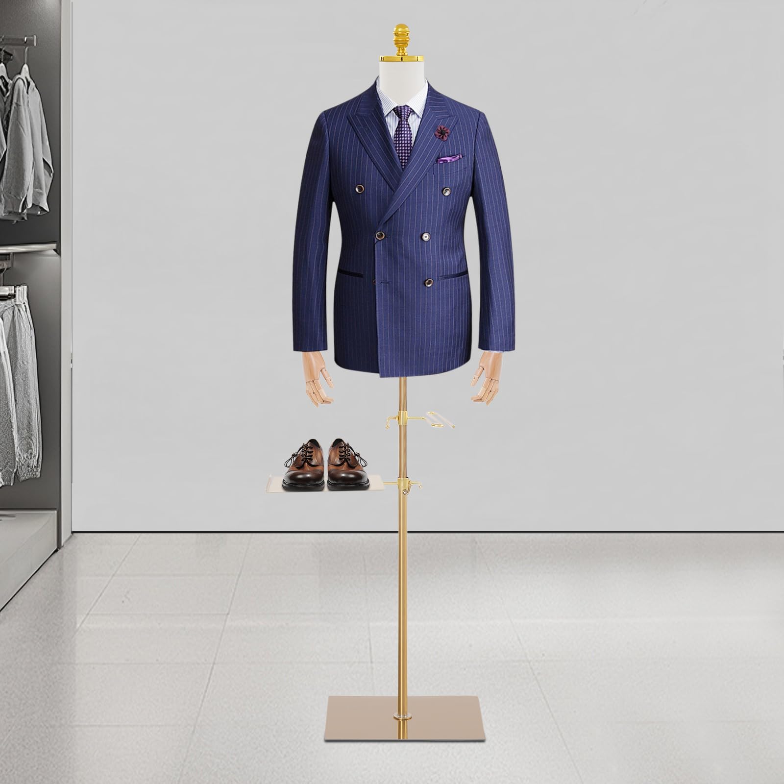 Schaufensterpuppe Männliche Verstellbare Höhe 70-130cm Mannequin Herren mit Holz Armen + Hosenständer + Schuhständer Kleiderform Verstellbarem Torso & Pose Kleiderpuppe für Boutiquen, Geschäfte