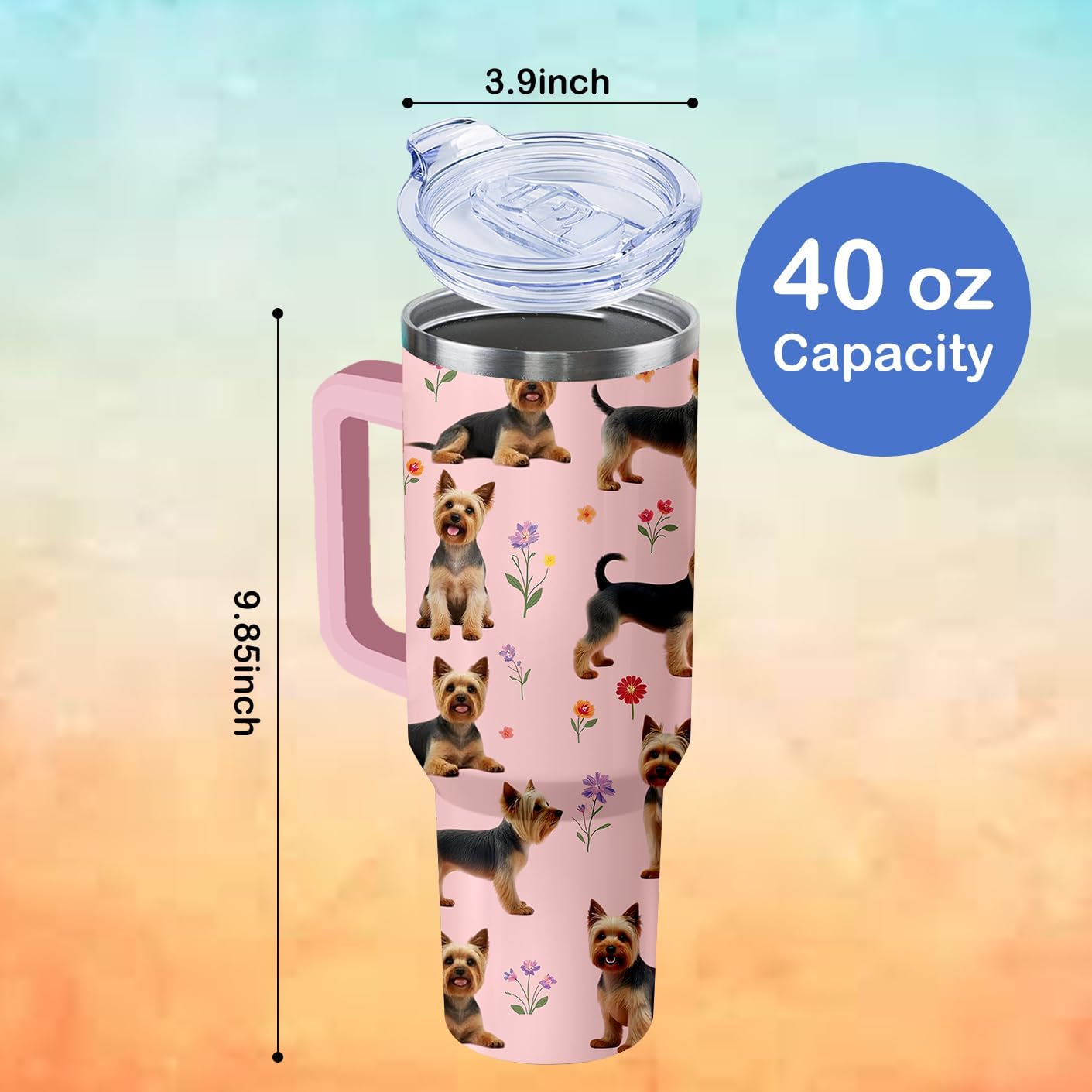40oz Yorkie Tumbler with Handle and Straw, Cute Dog Stainless Steel Insulated Cup with Lid and Straw, Travel Coffee Mug Water Bottle, Birthday Mothers Day Gifts for Women Men Animal Lovers - Image 2