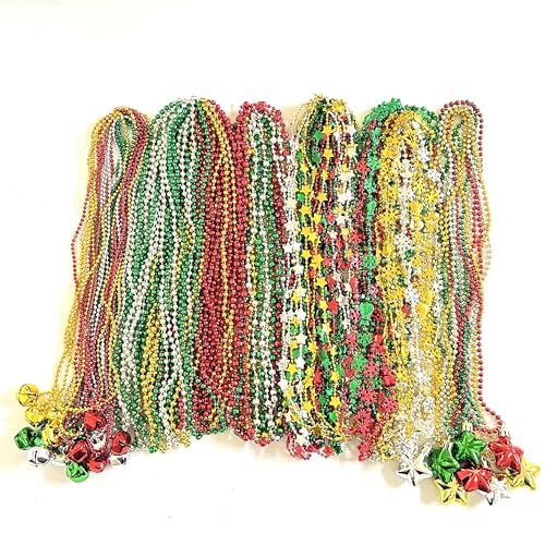 GZYSSL 100 Pcs with 6 Styles Christmas Party Beads Necklaces Red Green Gold Silver Snowflake Santa Jingle Bell Holiday Beads Necklaces Christmas Tree Party Decorations
