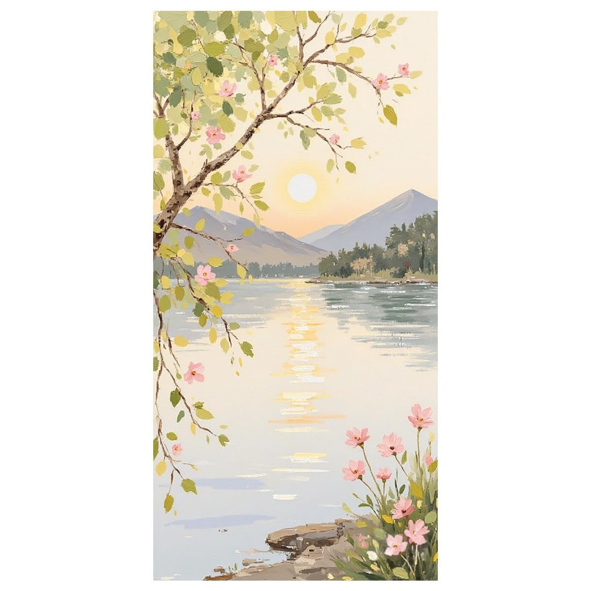 LCDIUDIU Oil Paintings On Canvas Unframed Hand Painted Textured Canvas Painting Sunrise Mountain Floral Trees Lake Wall Art Landscape Wall Decor Artwork for Living Room Bedroom Office 70X140Cm(27.5X
