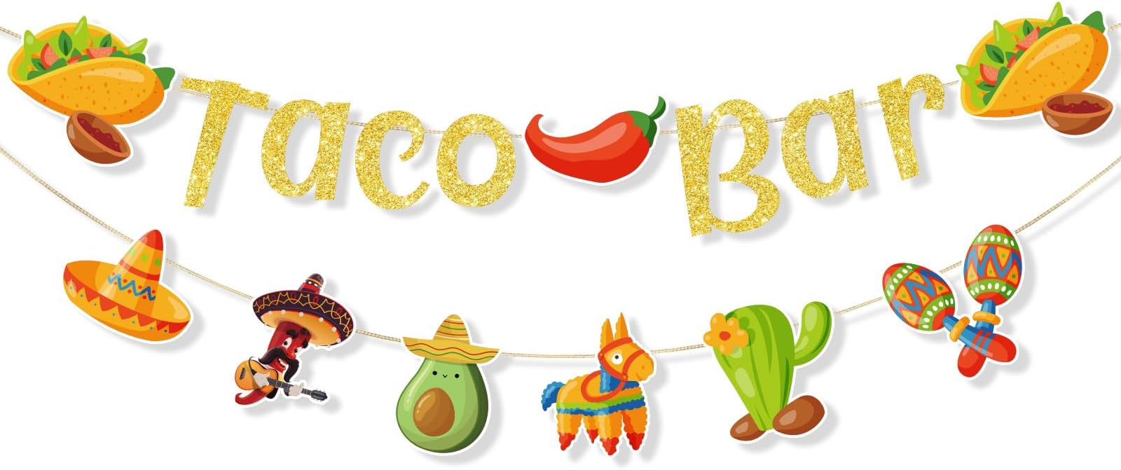 Fiesta Taco Bar Banner Garland, Pre-Strung Mexican Party Decorations with Cactus Sombrero Taco Designs for Mexican Theme Party Supplies Cinco de Mayo Celebrations