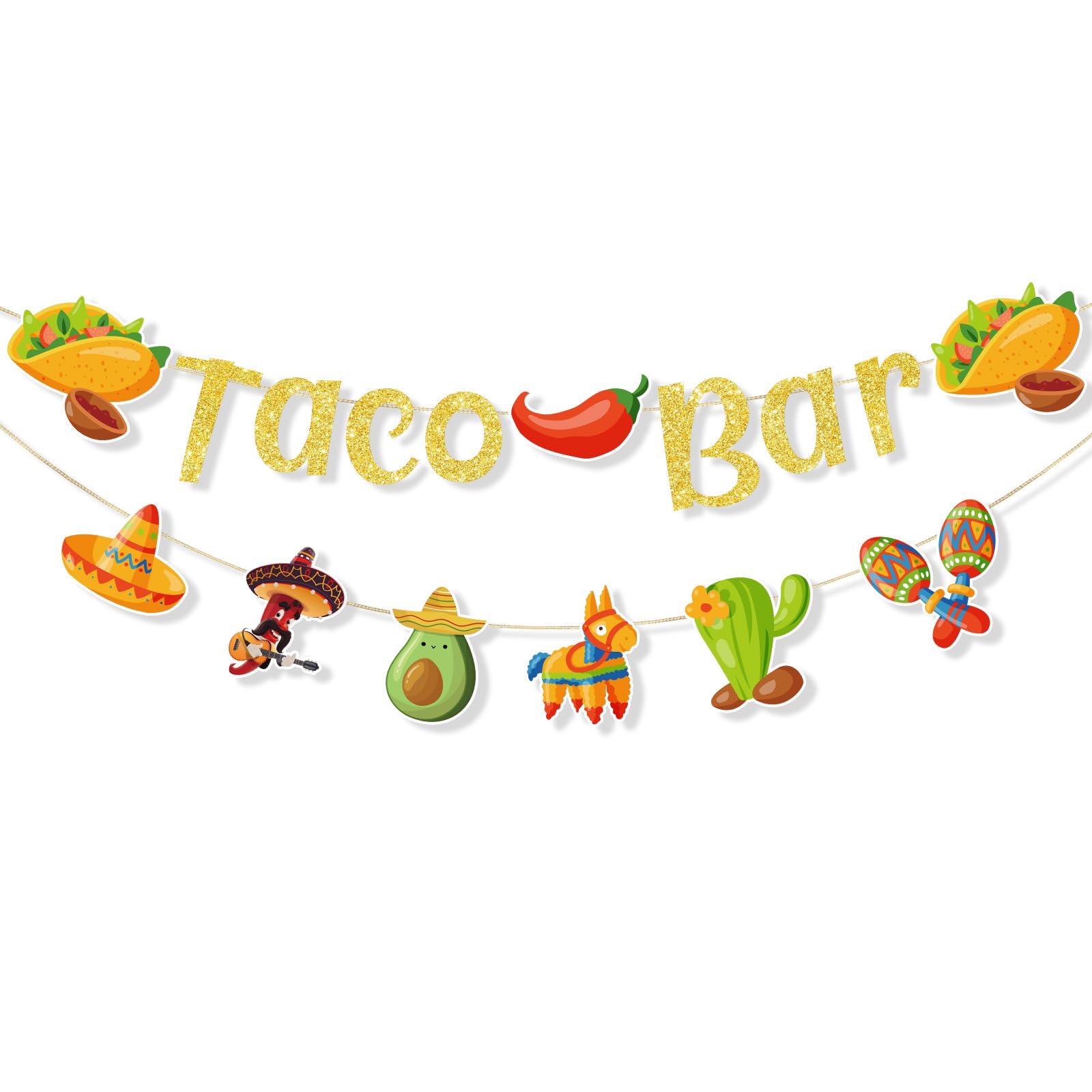Fiesta Taco Bar Banner Garland, Pre-Strung Mexican Party Decorations with Cactus Sombrero Taco Designs for Mexican Theme Party Supplies Cinco de Mayo Celebrations