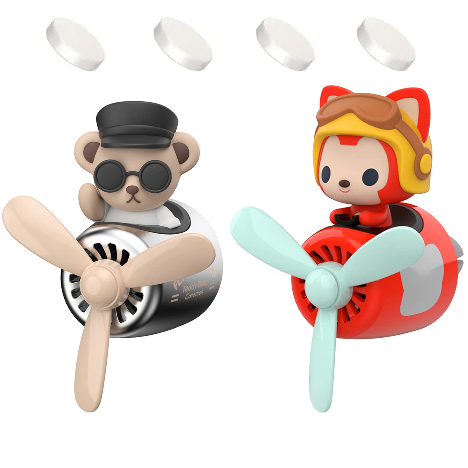 2 Pieces Car Air Fresheners, Cute Bear Pilot Car Diffuser, Propeller Air Outlet Vent Fresheners, Suitable for Automotive Interior Decoration (Red+Silver)