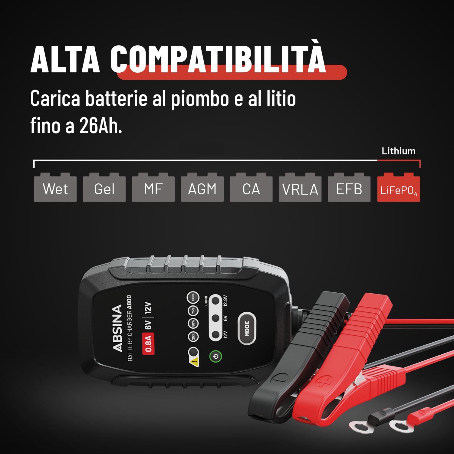 ABSINA Caricabatterie auto al piombo fino a 26Ah / 12,8V Litio fino a 15Ah - Mantenitore batteria moto automatico - Caricatore batteria moto e caricabatterie scooter con cavo da 3,4m, 800mA