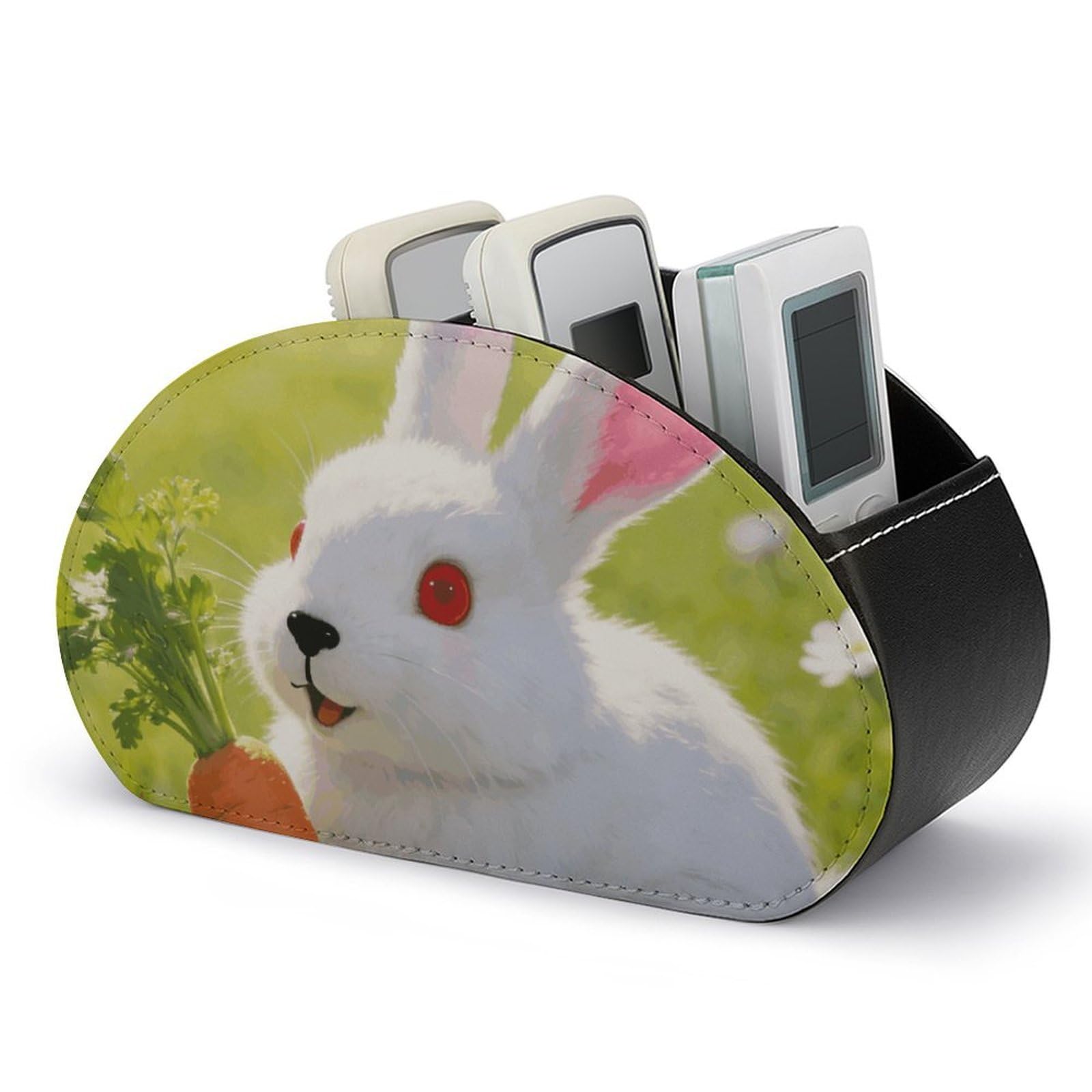 VstaDank Rabbit Remote Control Holder with 5 Compartments PU Leather Remote Caddy Desktop Organizer Store TV Remote Control Storage Box for Home Office Desk Nightstand