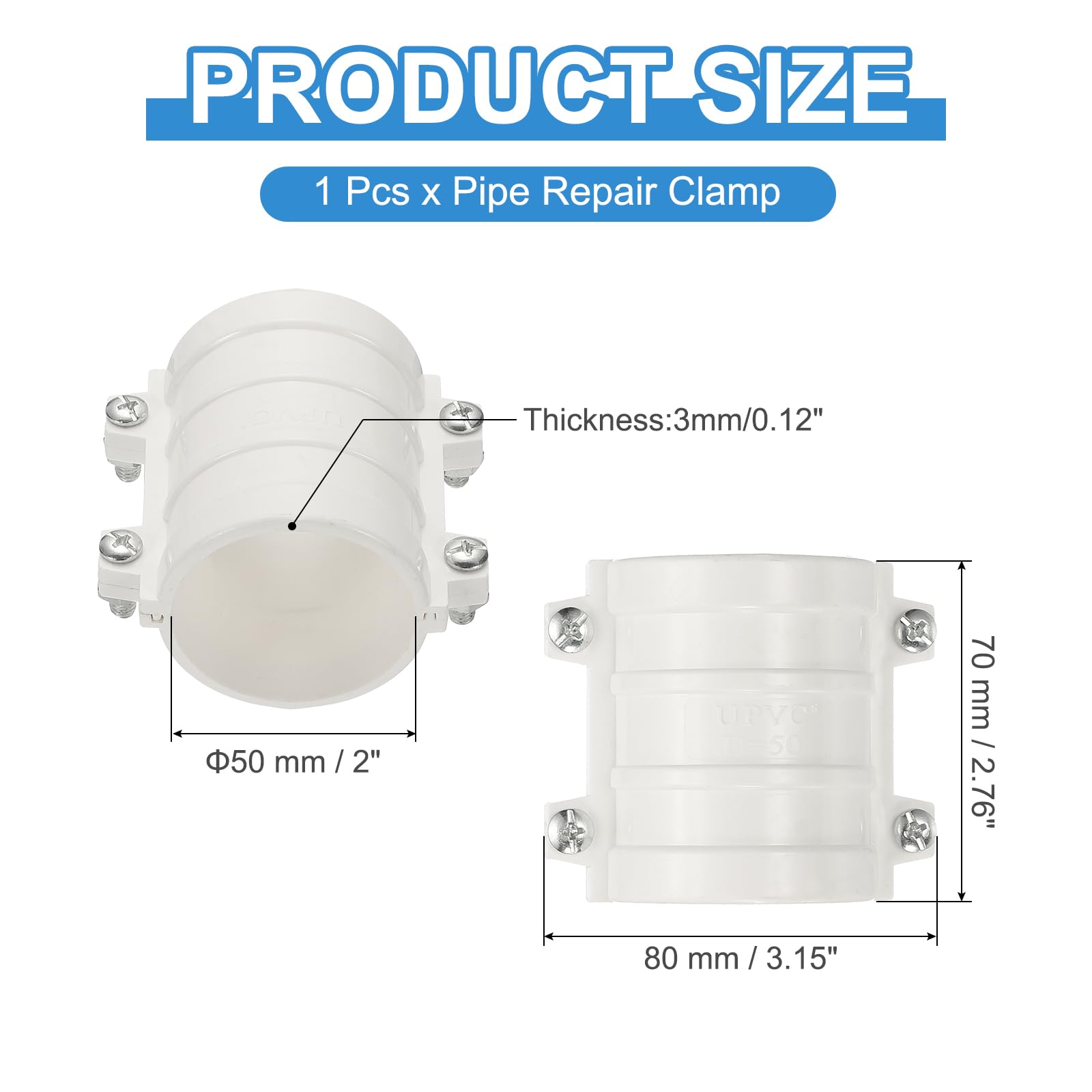 PATIKIL 2 Inch Water Pipe Repair Clamp PVC Leak Sealer for OD 50mm PE/PPR/Pipes and Plumbing (Length 2.7 Inch), White - Image 2