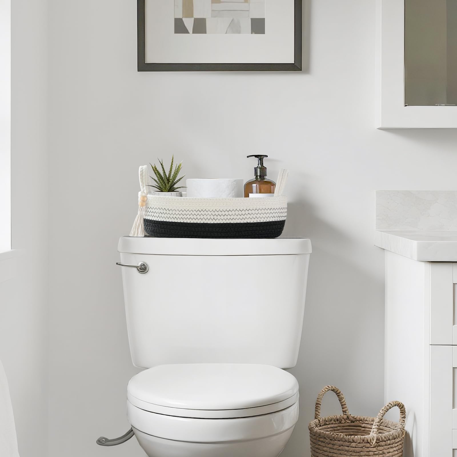 Mkono Panier De Toilettes Déco - Rangement Salle De Bain En Jute Tissé Avec Perles Bois - Organisateur Étagère Et Chambre