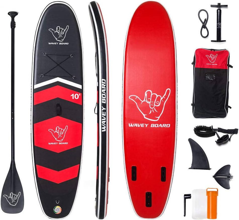 WAVEY BOARD Inflatable 10' Stand Up Paddle Board for Adult Premium SUP Blow up Paddle Board for Youth Kids Fishing (6" Thick) with ISUP Accessories Backpack Bag, Pump, Adjustable Paddle
