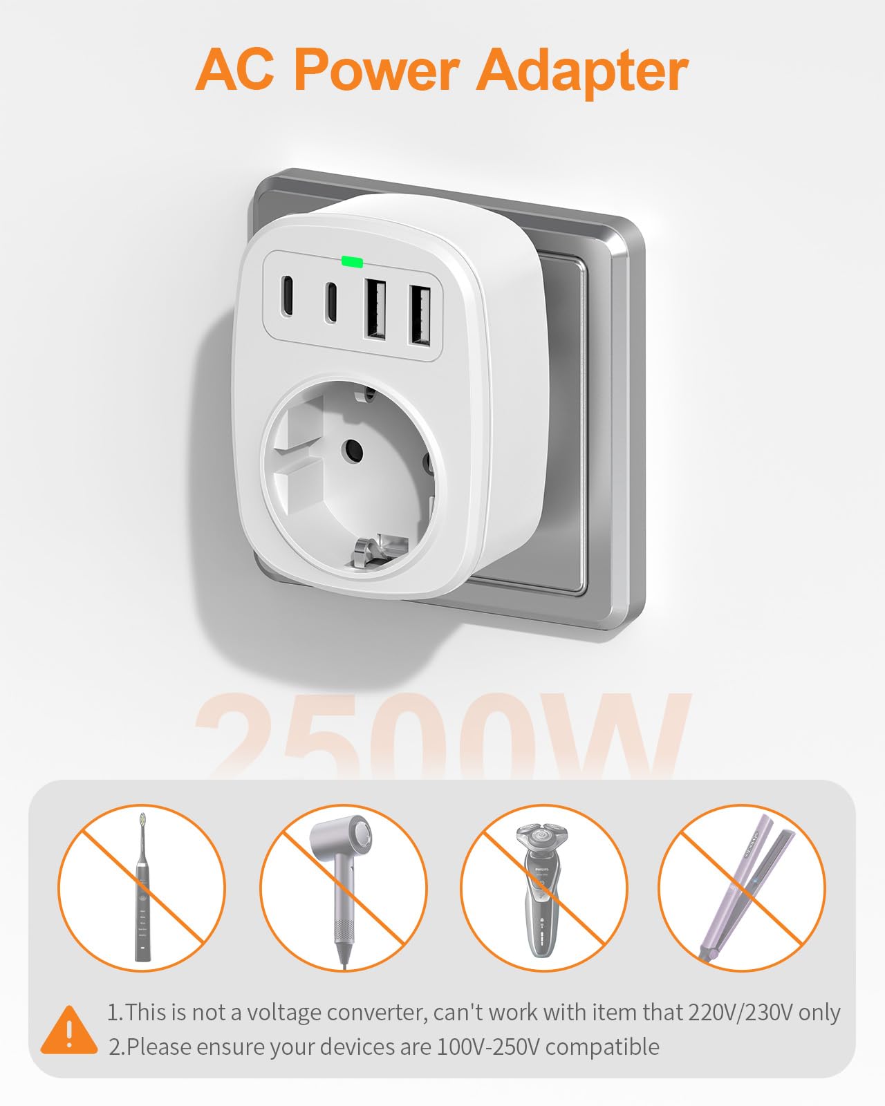 Adaptateur Japon France, Adaptateur de Prise Japon avec 2 USB C et 2 USB A, Adaptateur de Voyage 5 en 1 pour Prise Type A pour JP, USA, Thaïlande, Chine, Canada