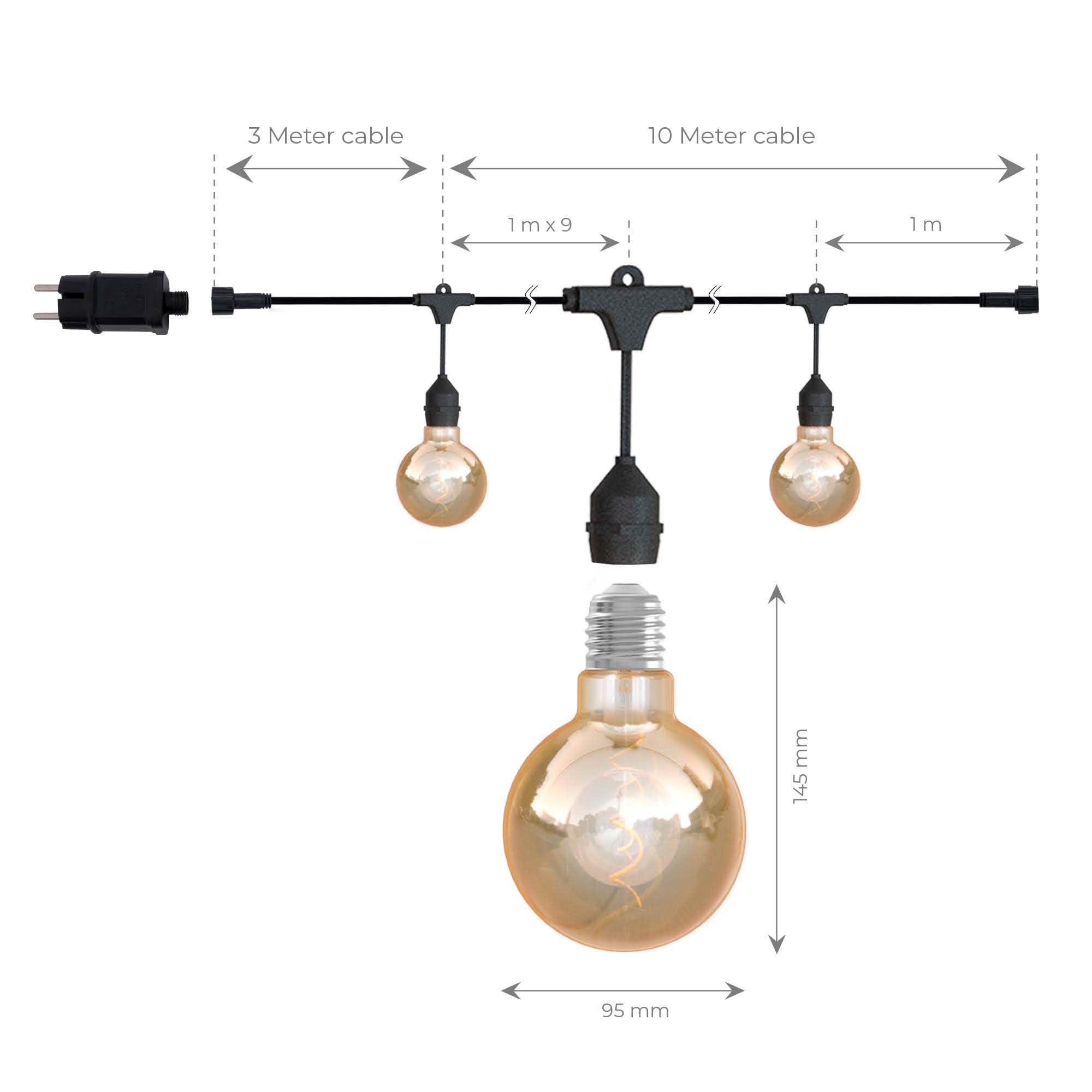 Ledvion - Guirlande LED 10M + 3M Câble d'Extension, Incl. 10 Ampoules LED E27, IP44, Connectable, Économique