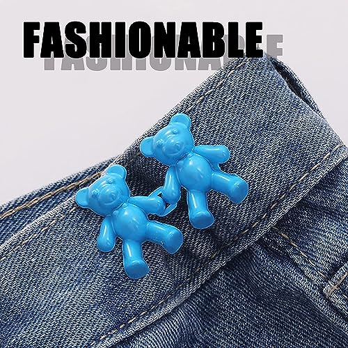 Image of 2pcs Cute Bear Button Pins for Jeans Adjustable Teddy Bear Button Pins Waist Buckle for Loose Jeans Pants, Detachable Buttons for Jeans Waist Buckle No Need Sewing Waist Tightener Clip (Bear Blue)