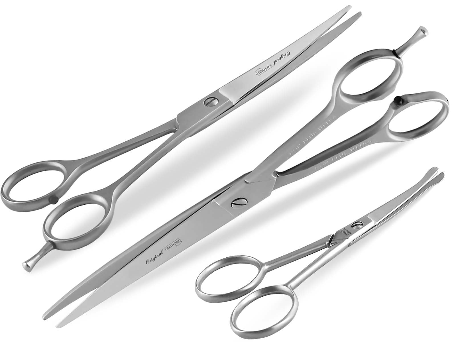 Solinger Premium Hundehaarscheren Fellscheren Set 3-Teiliges Scheren-Set | Solingen Made in Germany Rostfreier Edelstahl Gebogene und mikroverzahnte scharfe Schnittflächen & abgerundeten Scheren Enden