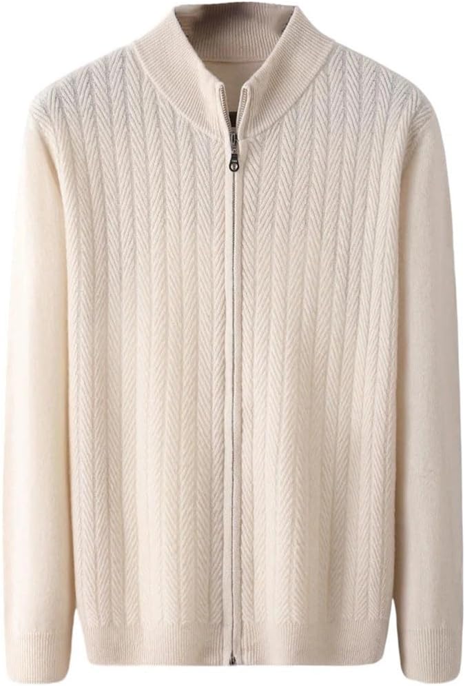 Men's Thick Mock Neck Cardigan 100 Percent Merino Wool Sweater Fall Winter Smart Casual Cashmere Textured Texture