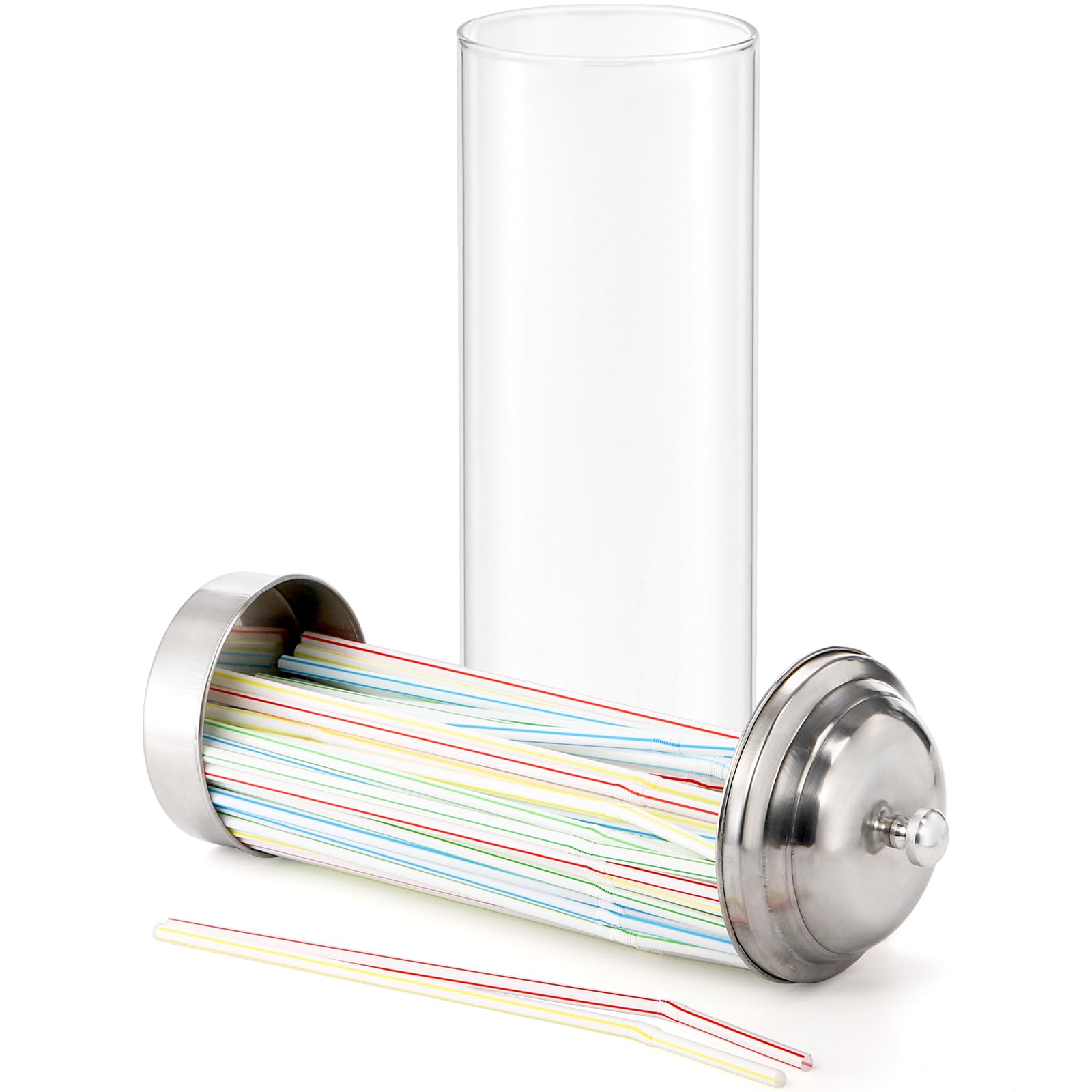ZEAYEA 2 Pack Glass Straw Dispensers with 200 Pcs Straws, Clear Straw Holder with Stainless Steel Lid - Image 3