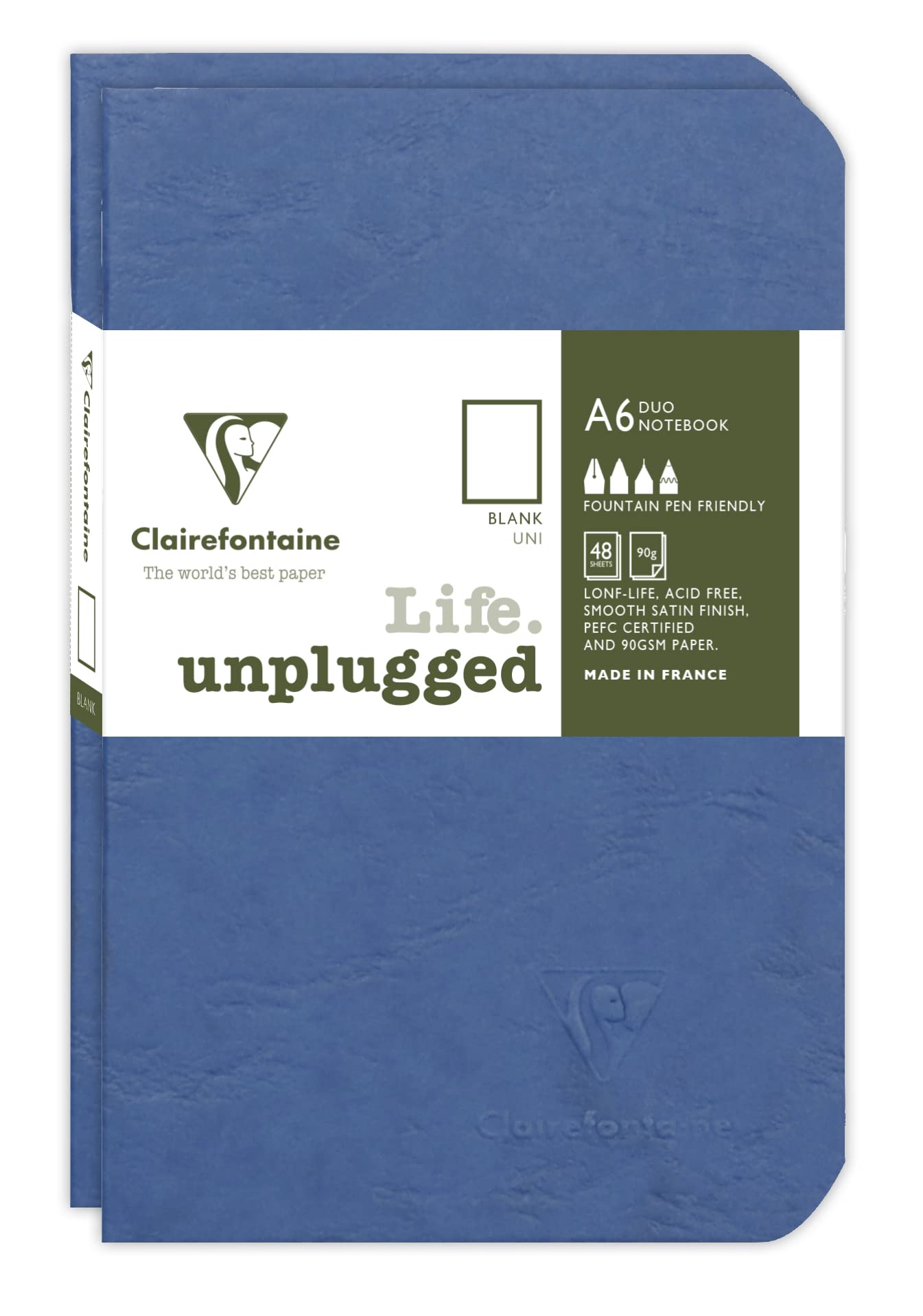 Clairefontaine 734184C Collection Age Bag Set of 2 Blue Duo Stapled Notebooks - 9x14 cm - 96 Plain White Pages - 90 gsm Paper - Leather Grain Glossy Card Cover