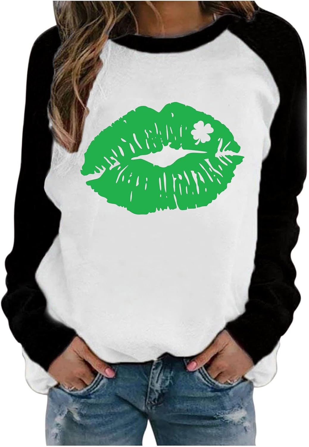 St Patricks Day Sweatshirt Long Sleeve Round Neck Patchwork Shirt Lucky Shamrock Fleece Pullover Tops Blosue