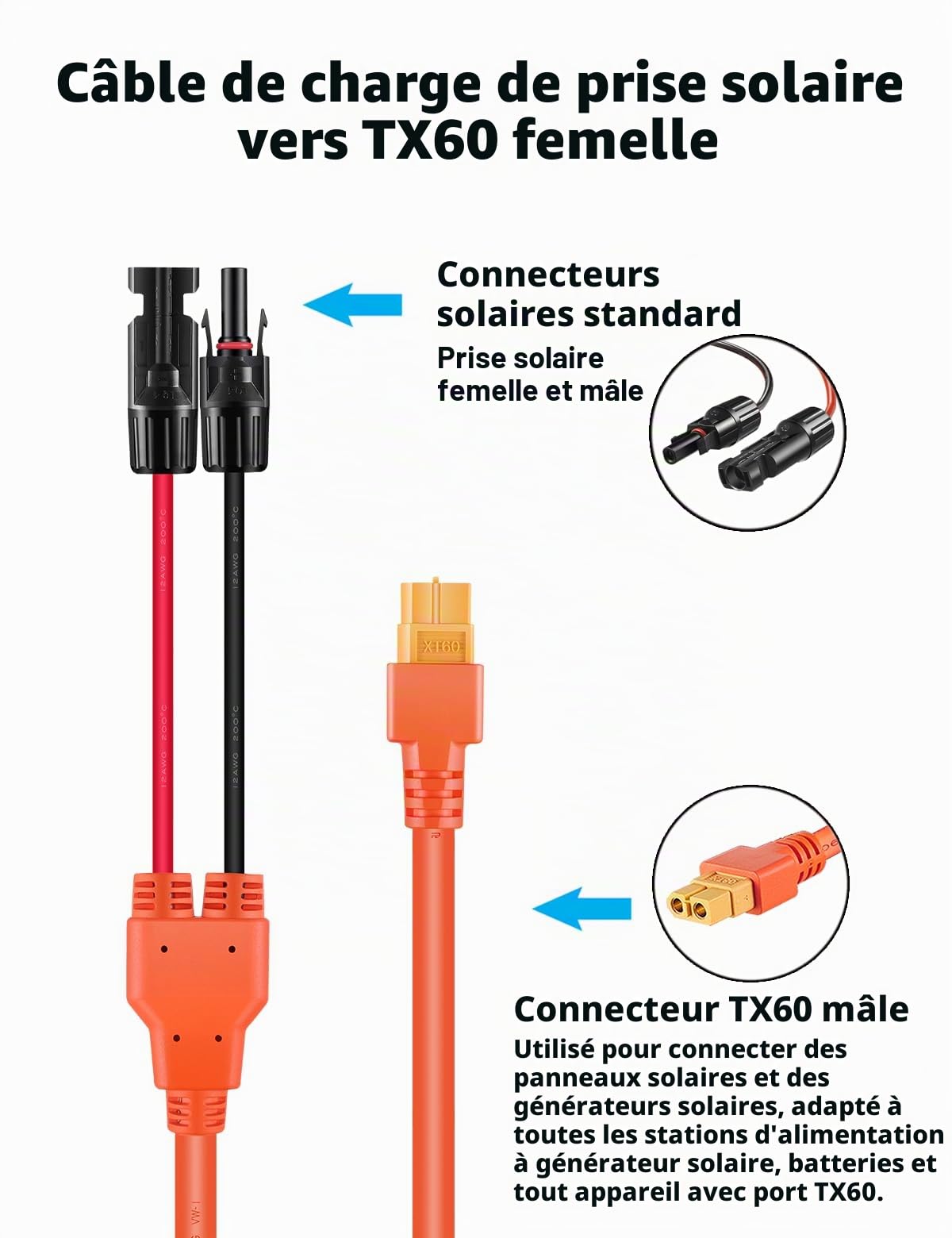 Câble de panneau solaire vers fiche XT60, 5 m, câble de charge solaire, 12 AWG, compatible avec EF DELTA 2 et River Pro MAX Powerstation 757, générateur solaire, panneau solaire (5 m)