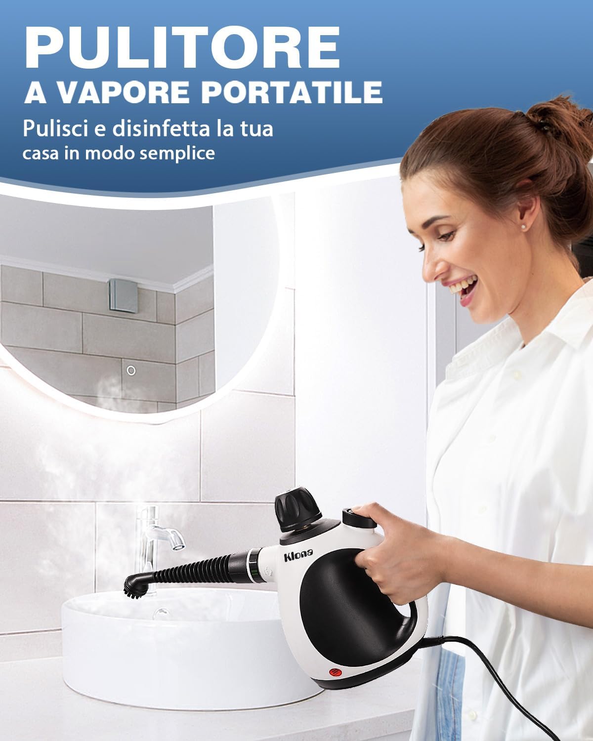 KLONA Pulitore a vapore manuale, pulitore a vapore per la casa, multiuso, con 10 accessori e serratura di sicurezza per tappeti, tende, divani, cucina