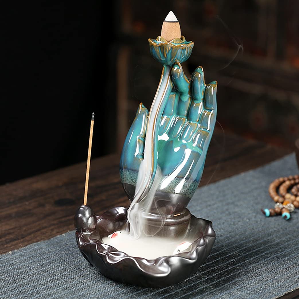 Porte encens cascade de fumée céramique bleue pour encens à reflux lwood