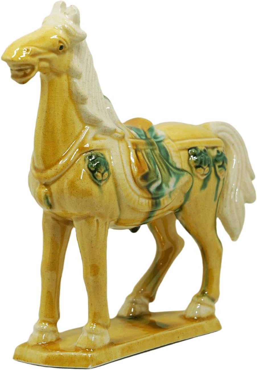 Handmade Tang Dynasty Tri-Color Horse Ceramic Sculpture - 19cm Traditional Chinese Cultural Art Decor - Symbol of Prosperity & Good Fortune - Perfect for Home, Office, Bookcase Shelf (Yellow)