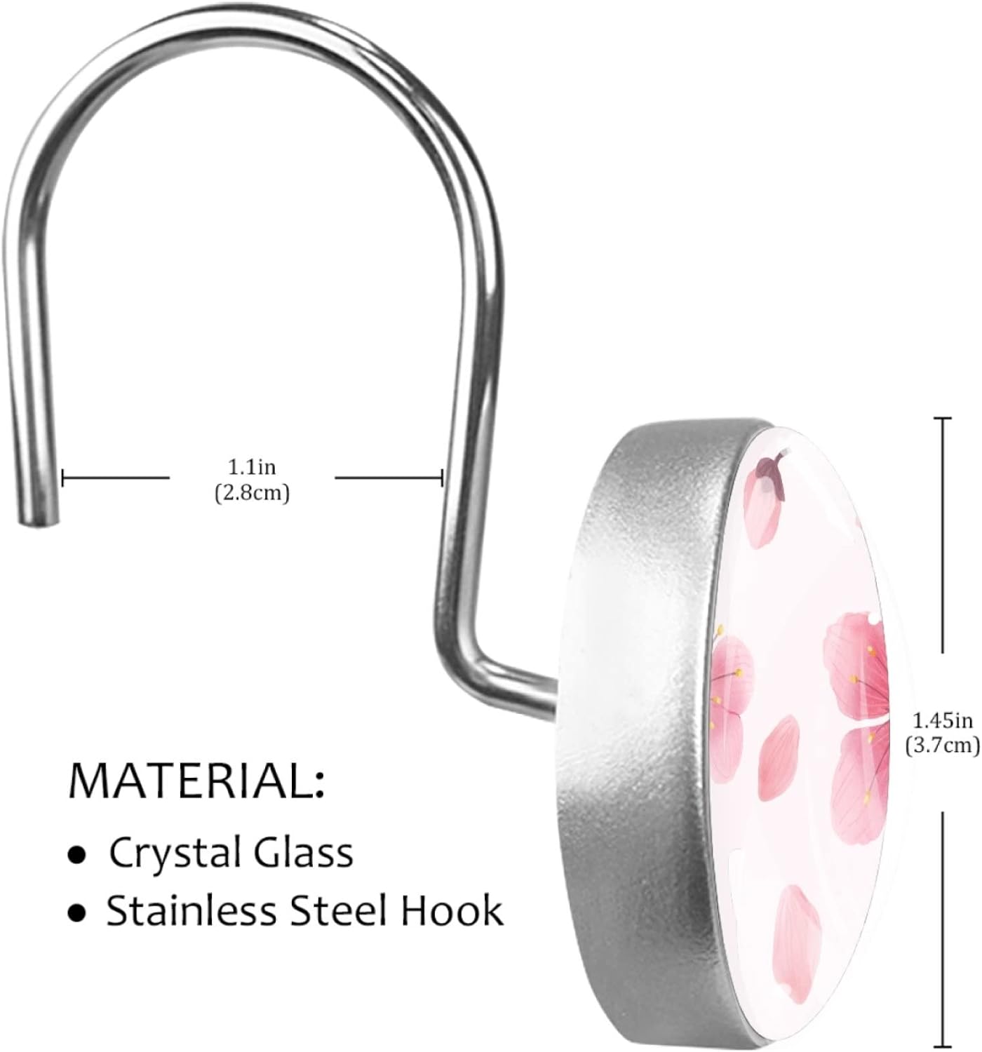 Pink Cherry Blossom Pattern 12PCS Rustproof Stainless Steel Shower Curtain Hooks, Shower Curtain Rings - Shower Hooks for Curtain Shower Rings, 3.7x3.7cm