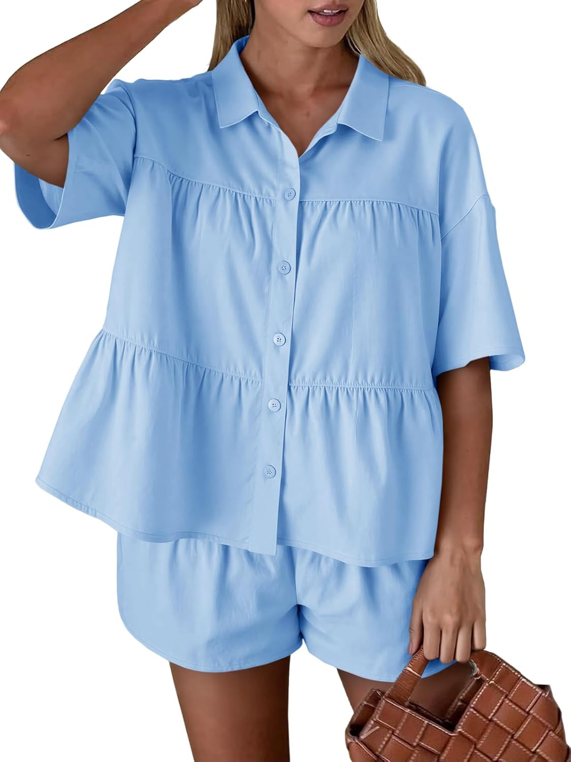 Cicy Bell Womens 2 Piece Outfits Summer Pleated Button Down Shirts High Waisted Shorts Lounge Sets