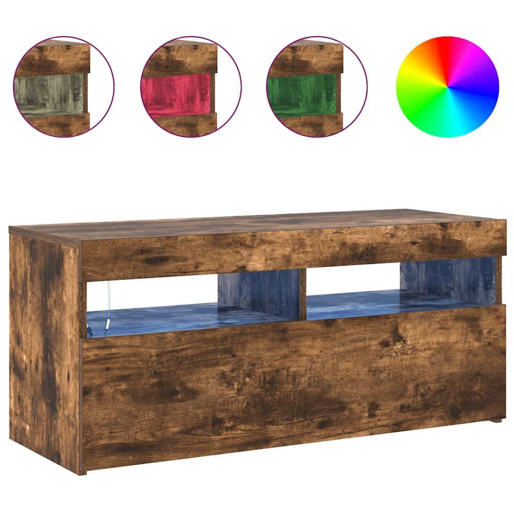 Meuble TV Moderne avec Éclairage LED RGB, Meuble de Salon en Bois d'Ingénierie Chêne Fumé 90 cm, Rangement Pratique pour Téléviseur, Console de Jeux Vidéo et Déco Salon