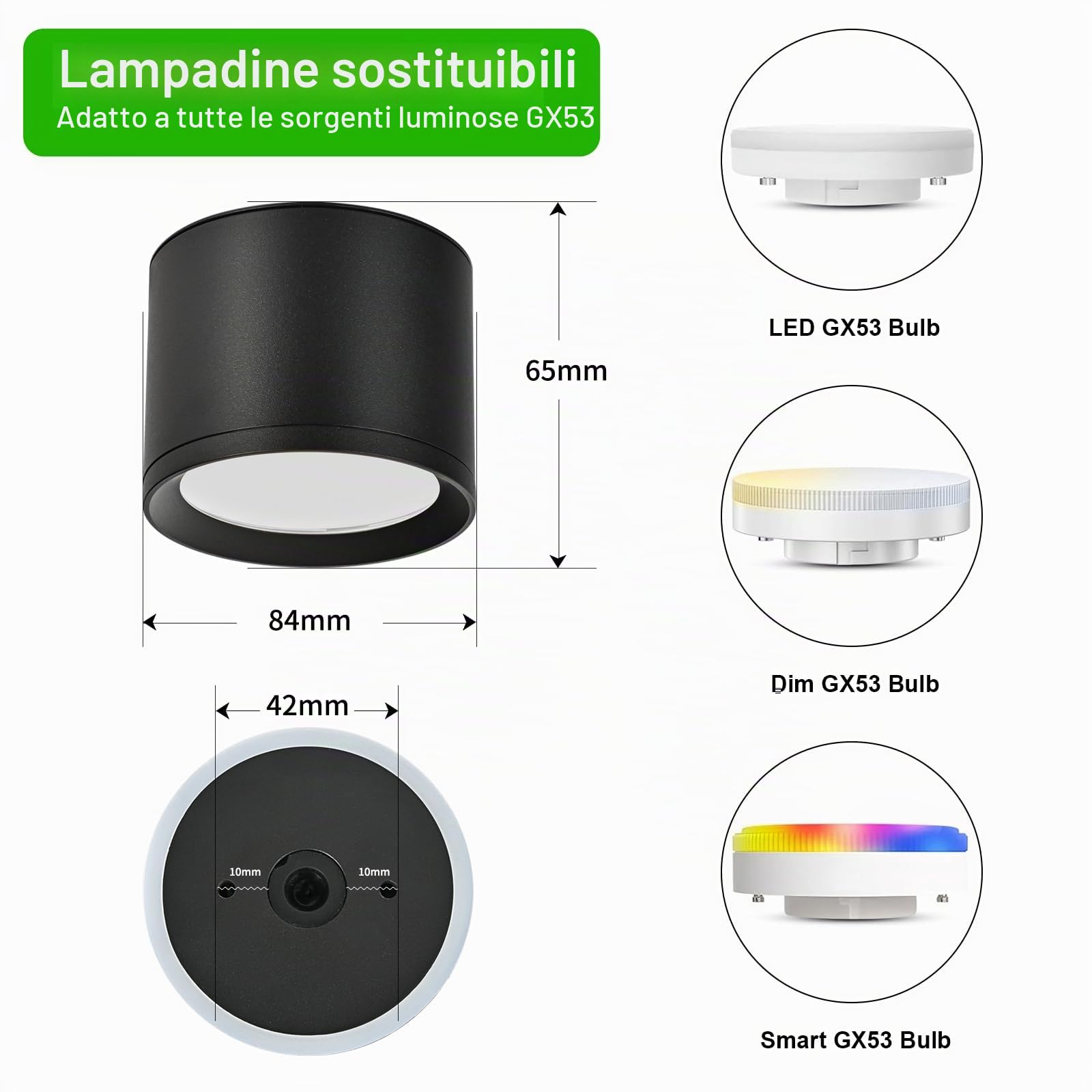 KYOTECH Faretti LED Soffitto IP44 - Ø84*65mm GX53 Faretto LED Interno - 6W 550LM 4000K Lampada da Soffitto - Alluminio Nero Spot per Bagno Soggiorno Cucina Corridoio Set di 4