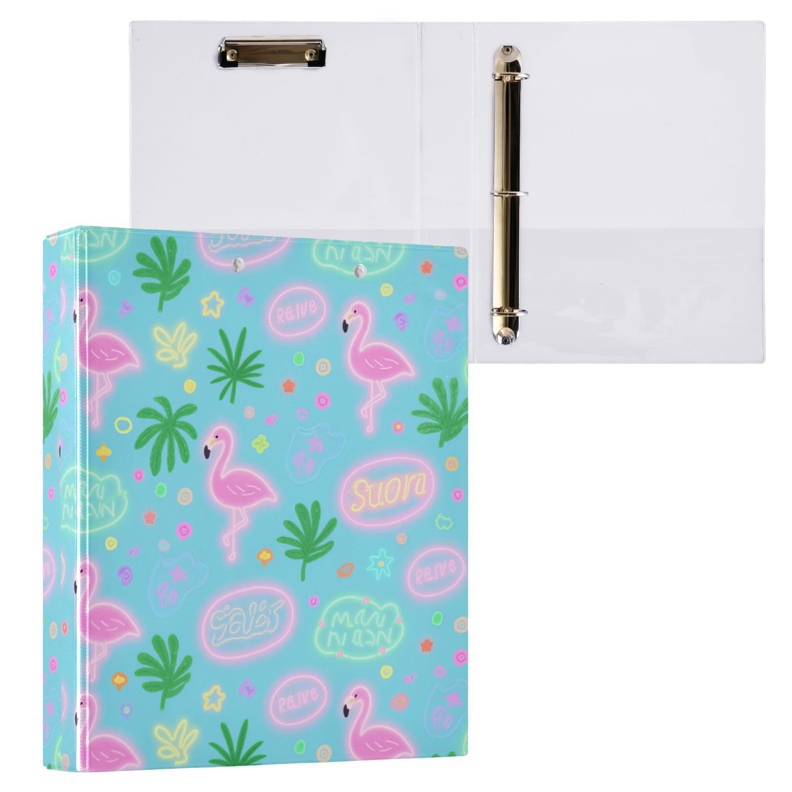 Summer Flamingo Pink Blue - Raccoglitori da 2,5 cm e mezzo con anelli a D, con portablocco, confezione da 2 raccoglitori da ufficio, 200 fogli
