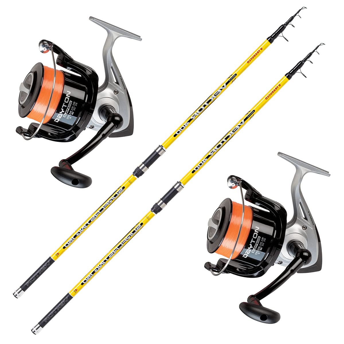 Kit Surf Trabucco 2 Canne Vektor 150 g 2 Mulinelli Dayton 8000 Completo di Filo XPS Surf Arancio