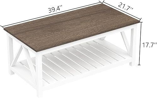 Miniatura 2 de Mesa de café ChooChoo Farmhouse, Mesa rústica vintage para sala de estar con estante, 40 Pulgadas Blanca Blanco,Negro -,Espresso,Roble rústico y