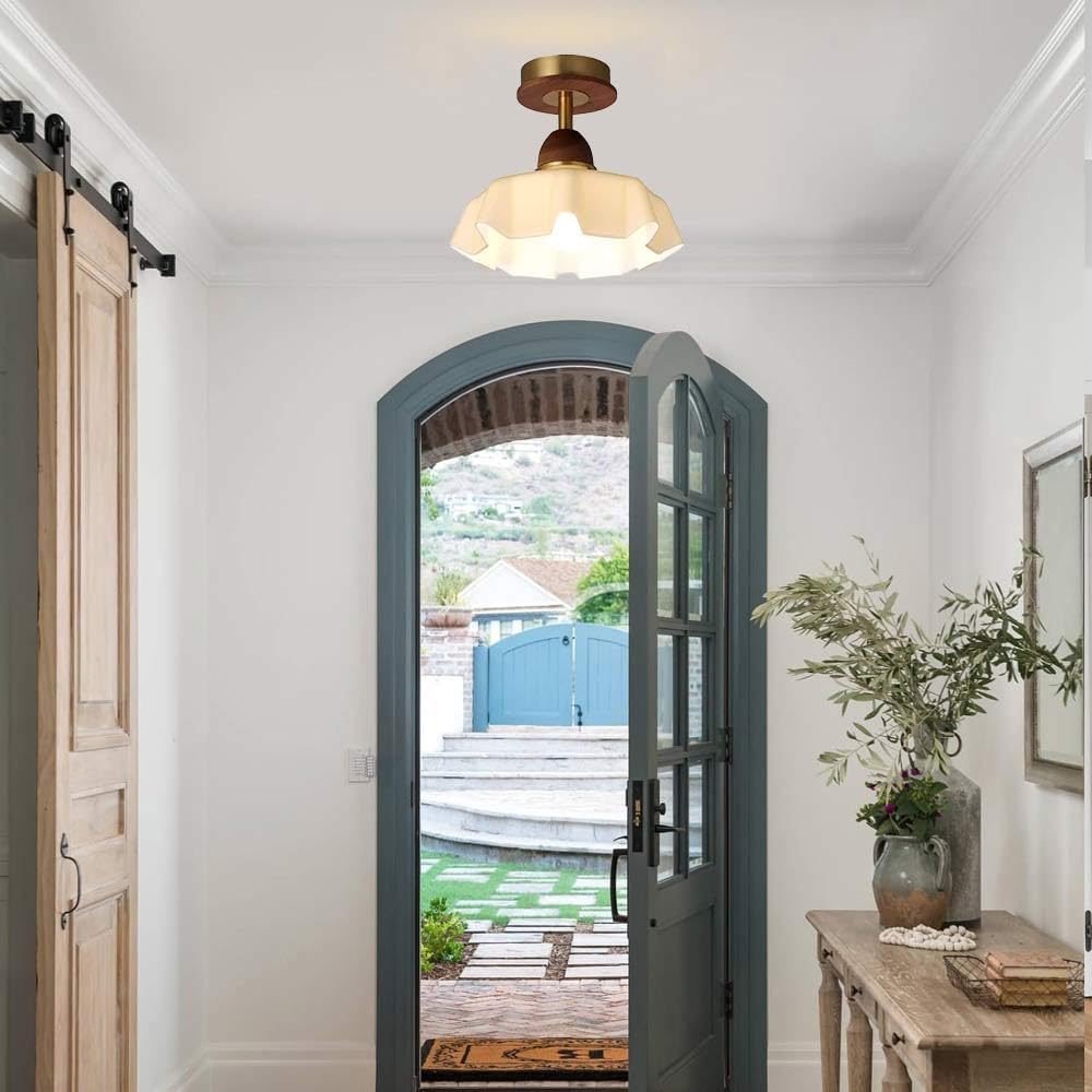 9.9" Modern Gold Hallway Ceiling Lamp,Semi Flush Mount Ceiling Light,White Glass Shade,Wood Vintage Light for Farmhouse Bedroom Kitchen Hallway Entryway