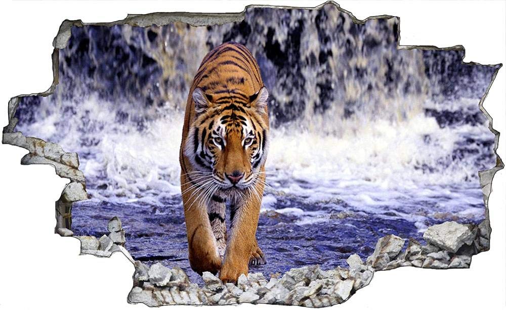 Pegatinas de Pared rotas 3D Tigre cascada animales naturaleza gato calcomanías murales extraíbles decoración de Sala de Arte de Vinilo para Sala de Estar Dormitorio Cocina 70x110cm