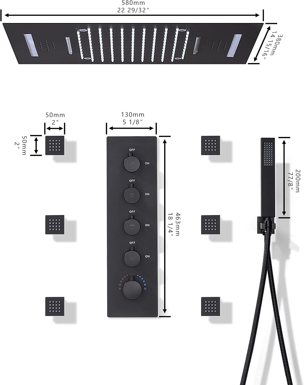 Cascada Luxury 15” x 23” LED Music shower system with built-in Bluetooth Speakers, 4 function (Rainfall, Waterfall, Body jet & Handshower) & Remote Control 64 Color Lights (Polished Gold)