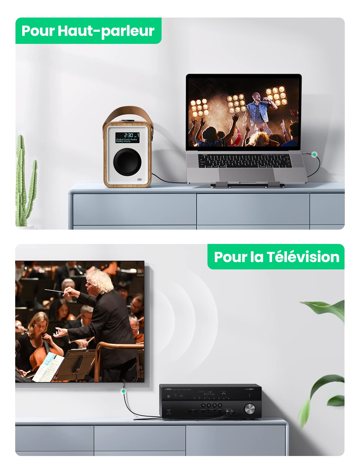 UGREEN Câble Cinch Jack 3.5mm Mâle vers 2 RCA Mâle Câble RCA Jack Audio Stéréo Compatible avec TV PC Téléphone Tablette Amplificateur Chaîne HiFi DVD Barre de Son Home Cinéma Autoradio Enceinte (2M)