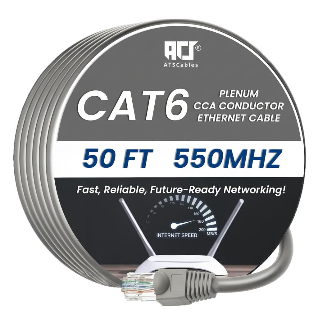 ATS Cables | CAT6 Plenum (CMP) Cable 1000FT | DSX-8000 Network Analyzer Test Passed | 23AWG UTP 4Pair, Solid 550MHz Ethernet Cables 10Gb, Available in 9 Colors (Gray, 50ft)