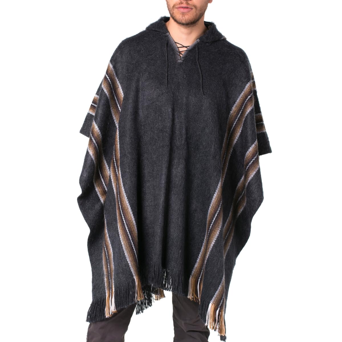Alpaca Wool Poncho for Mens Mexican Pancho with Hood Cowboy and Western Style Adult Ponchos