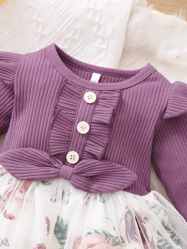 PAMBERSTON Baby Girl's Lycra Frock with Round Neck Full Sleeves Solid Pattern Knee Length Waist Bow and Regular Fit Purple 3