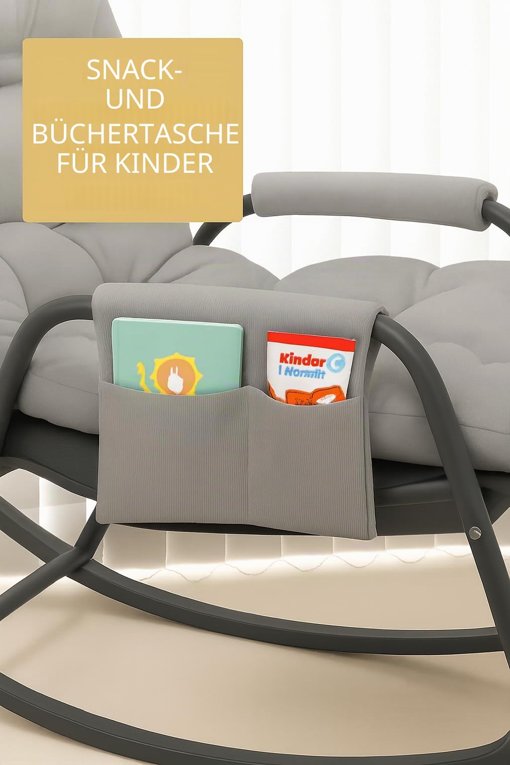 Schaukelstuhl Schaukelstuhl für Kinder 3 Jahre + mit Armlehnen und Seitentasche, Stahlgestell, Fußstütze verstellbar in 5 Höhen, Tragkraft 250 kg, Wohnzimmer, Schlafzimmer, Grau