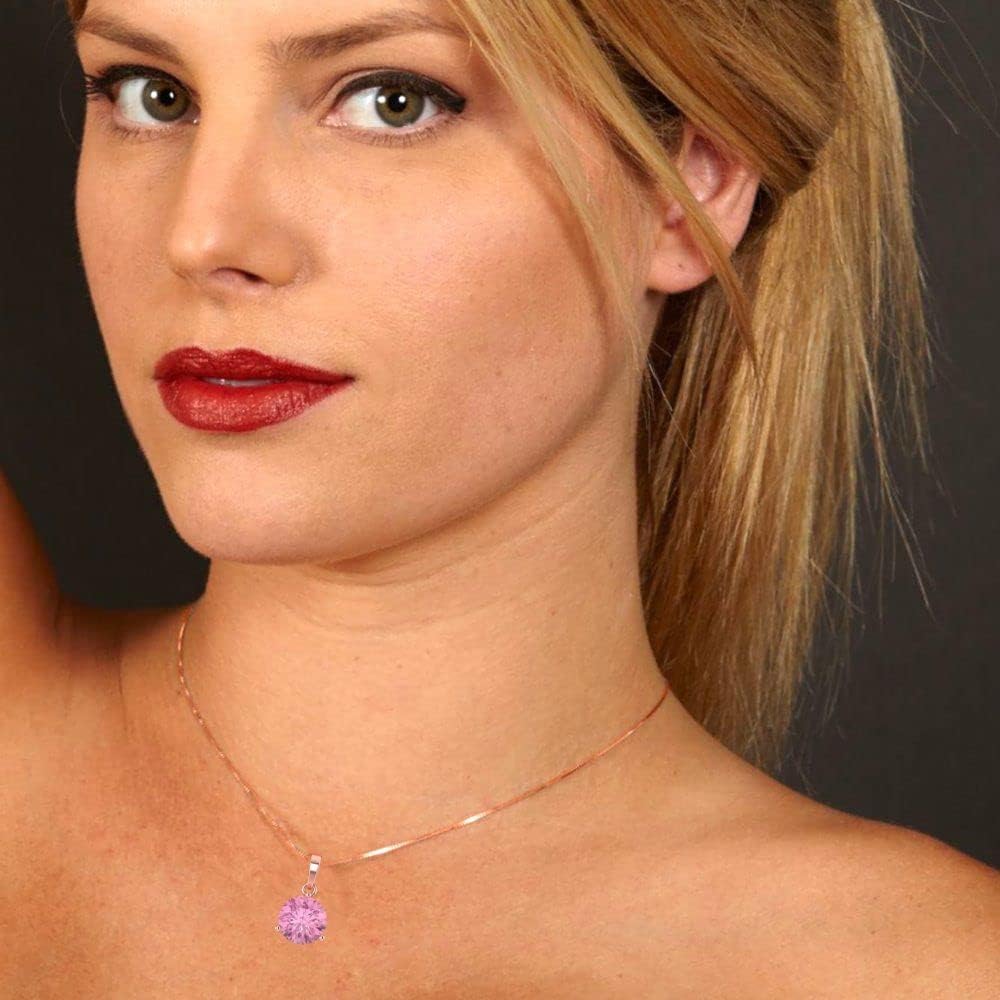 Clara Pucci 2 cttw Pink Simulated Diamond Rose Gold-Plated Silver Necklace and Pendant for Women (16" Box Chain,Round Cut,8.0mm) - Image 5