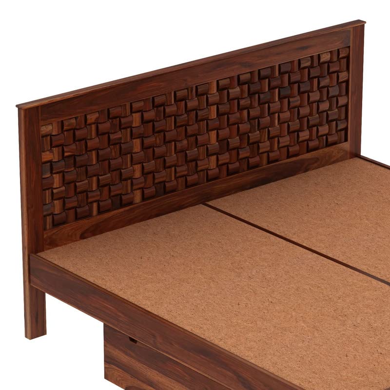 Image of WOODLAB Furniture Solid Sheesham Wood King Size Bed with 2 Side Drawer Storage and Niwar Style Headboard | Wooden Double Bed Cot Palang for Bedroom Living Room Home and Hotel (Honey Finish)