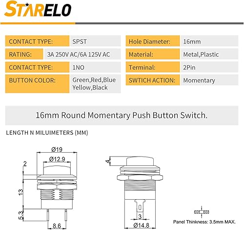 Miniatura 2 de STARELO 10 interruptores de botón momentáneos redondos de 0.630 in SPST 3A AC250V6A AC125V 2Pin 1NO con cables pre-soldados R13-507 (dos de cada uno