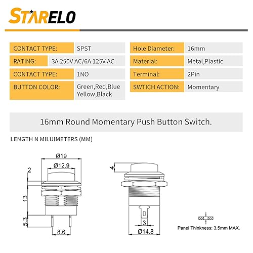 Miniatura 2 de STARELO 10 interruptores de botón momentáneos redondos de 0.630 in SPST 3A AC250V6A AC125V 2Pin 1NO con cables pre-soldados R13-507 (dos de cada uno