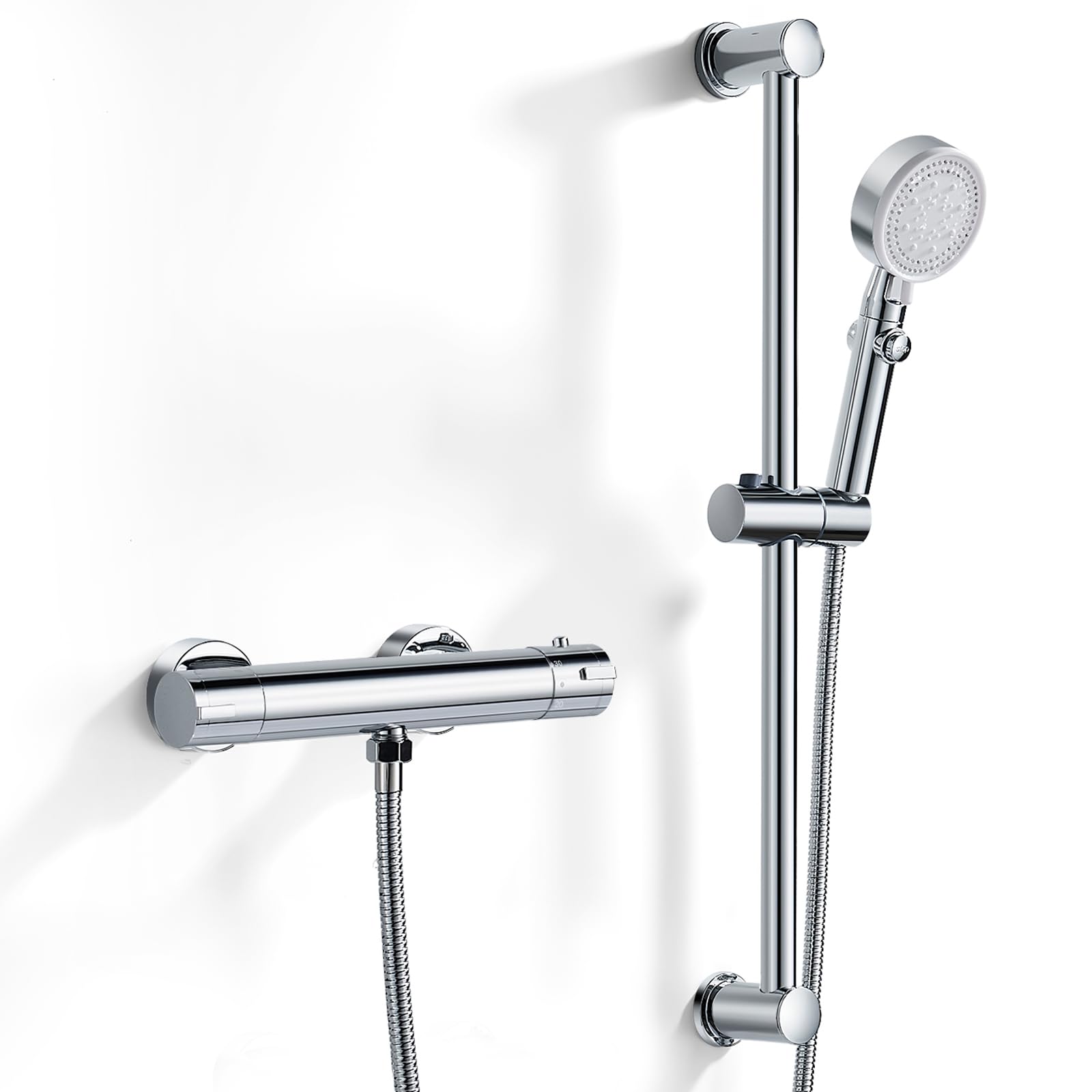 Thermostat Duscharmatur Aufputz, Duschset mit Duschstange Handbrause Chrom | Messing Duscharmatur,Edelstahl Duschstange 635mm,Höhenverstellbare Handbrause 5 Strahlarten,1,5m Brauseschlauch,Verbrühschutz