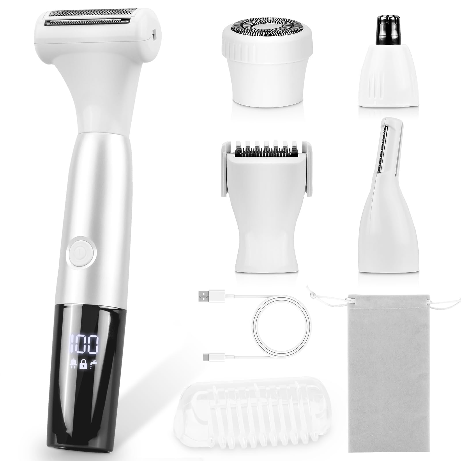 Recortadora de bikini 5 en 1 para mujer, maquinillas de afeitar eléctricas para mujeres, afeitadora eléctrica recargable inalámbrica, IPX7, impermeable, húmedo, seco, removedor de vello corporal para