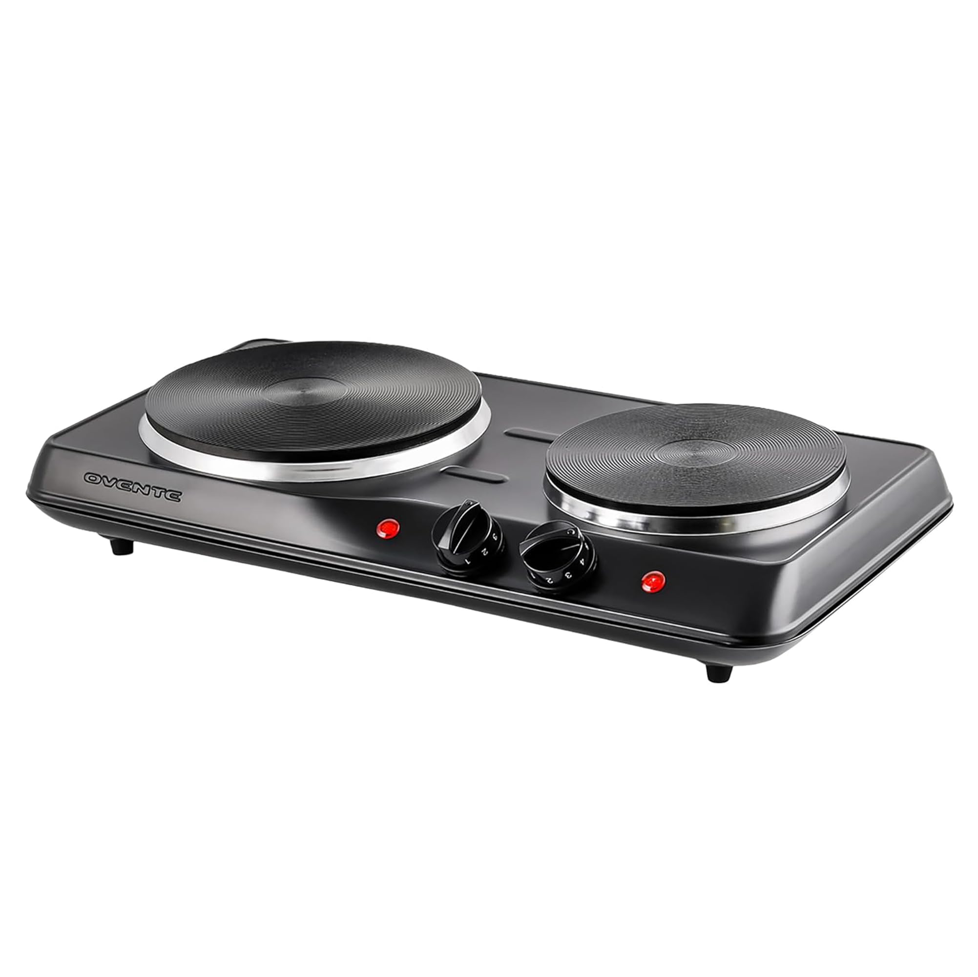 OVENTE Electric Countertop Double Burner, 1700W Cooktop with 7.25" and 6.10" Cast Iron Hot Plates, Temperature Control, Portable Cooking Stove and Easy to Clean Stainless Steel Base, Black BGS102B