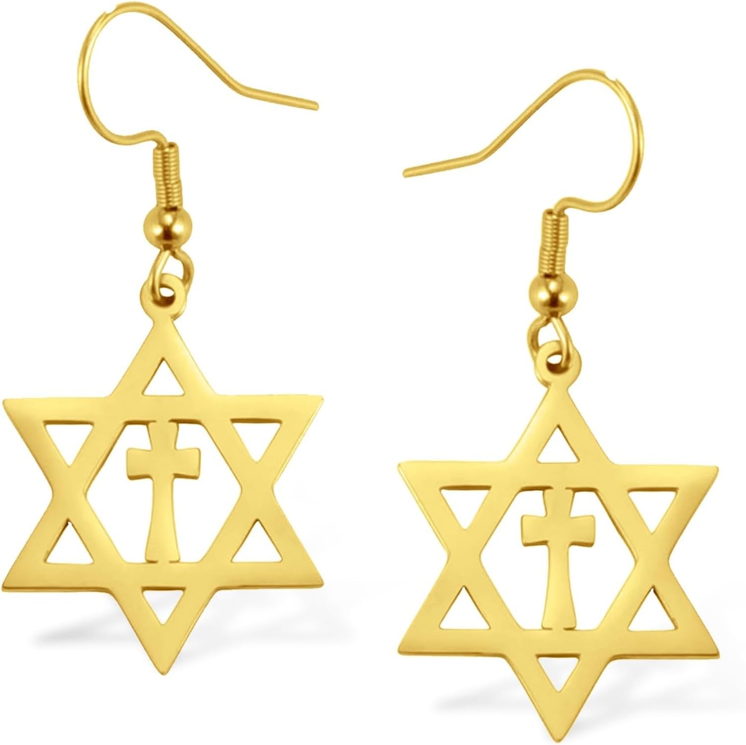 KGAIXN Gold Israeli Star Earrings Stainless Steel Six Pointed Dangle Star of David Drop Earrings Women Christian Jewish for Cross Hanukkah Religion Gift Idea, Gold Cross Earrings
