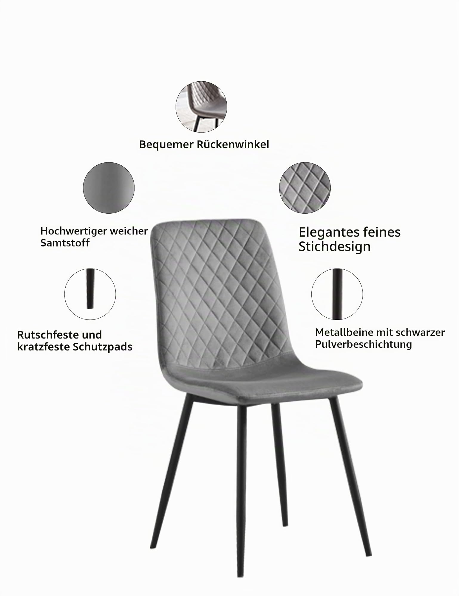 mcc direct Set mit 2 Designer-Esszimmerstühlen aus Samtstoff, Metallbeine, Lexi-Stühle (Dunkelgrau)